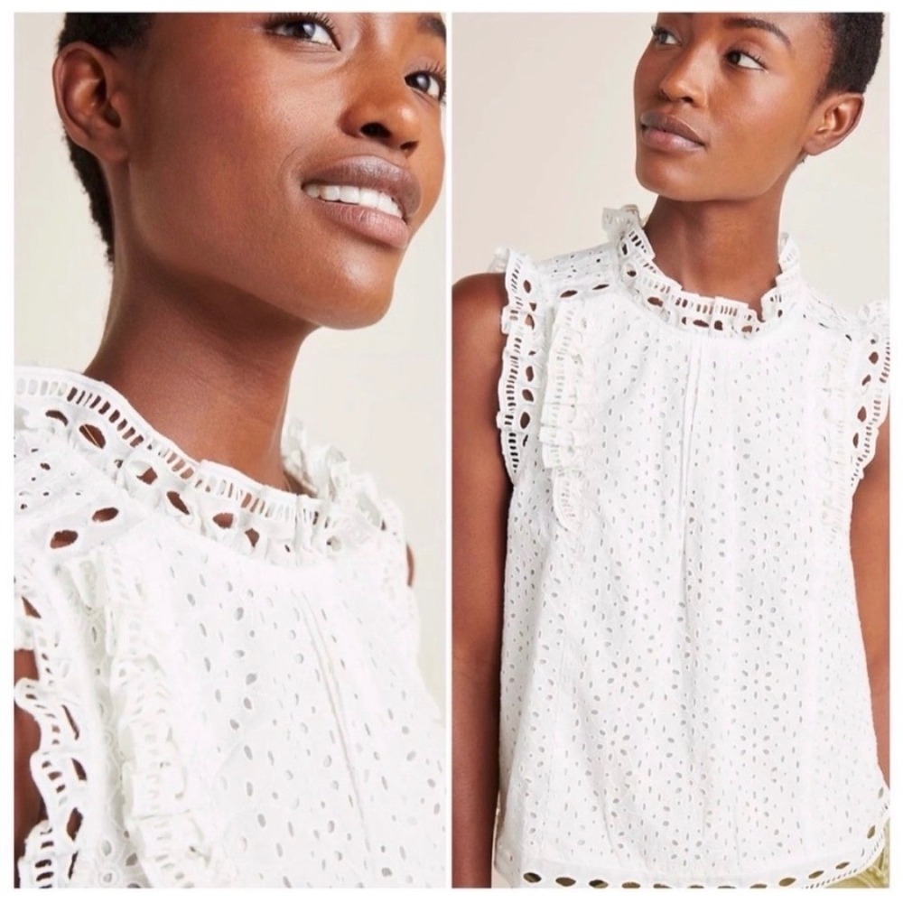 Maeve Anthropologie White Eyelet Sleeveless Ruffle Blouse Top Size 0